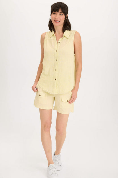 Wearables Otto Cotton Gauze Distressed Button-Up Tank Lemon Meringue Pigment - XCVI
