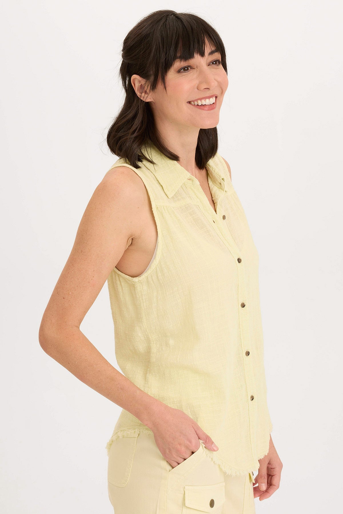 Wearables Otto Cotton Gauze Distressed Button-Up Tank Lemon Meringue Pigment - XCVI