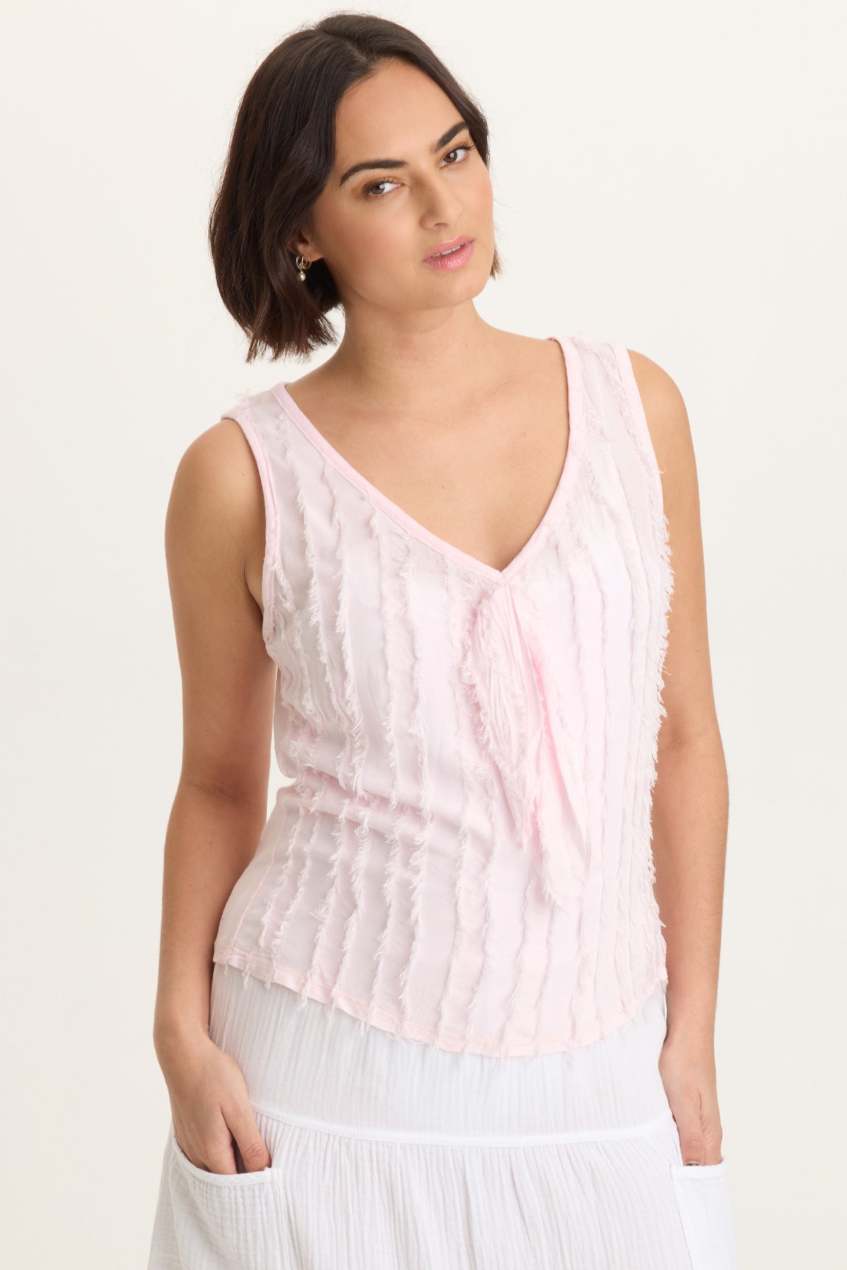 Brisa Stripe Voile Faux Tie-Front V-Neck Tank Mystic Fairy - XCVI