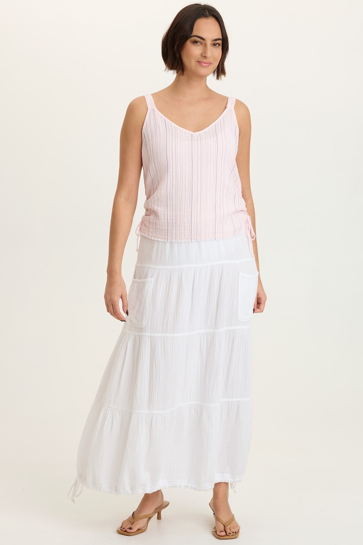 Grethel Indigo Stripe Gauze Cinchable Side Seam Strappy Tank Mystic Fairy - XCVI