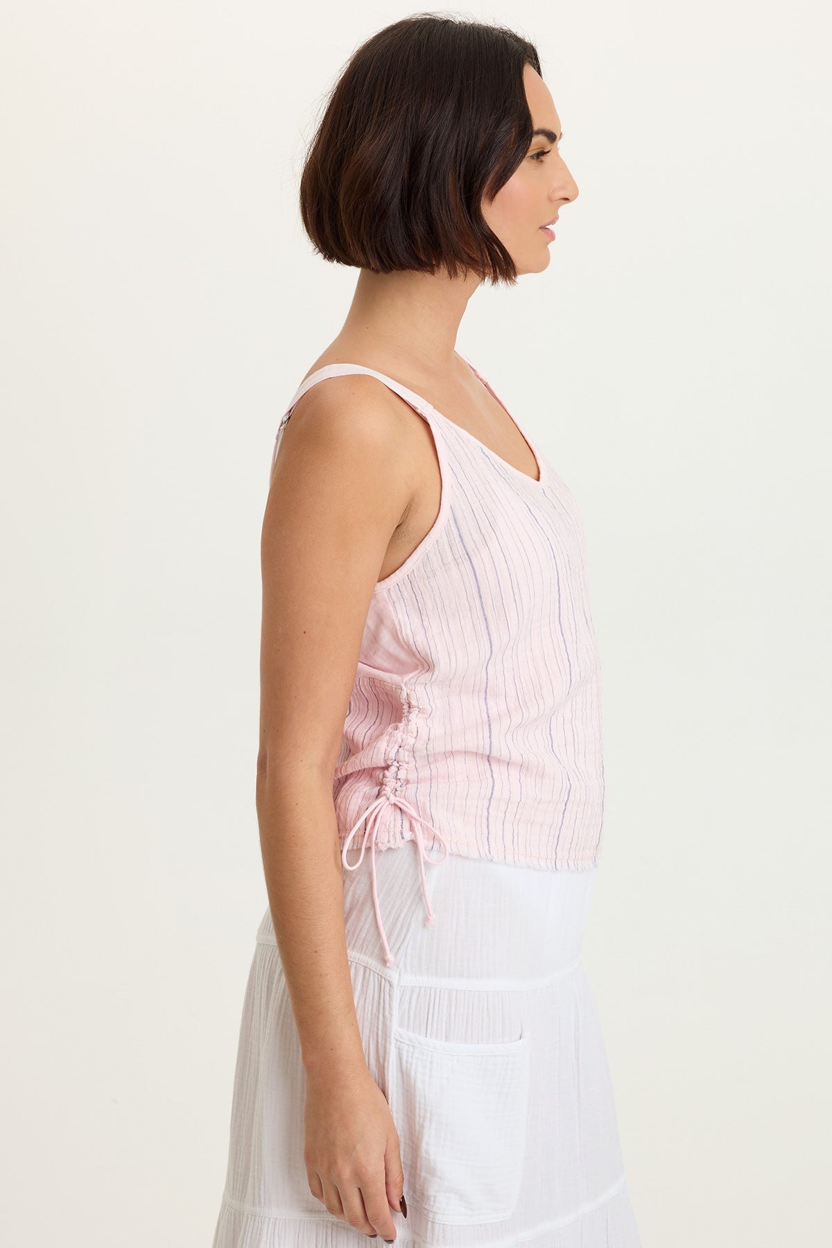 Grethel Indigo Stripe Gauze Cinchable Side Seam Strappy Tank Mystic Fairy - XCVI