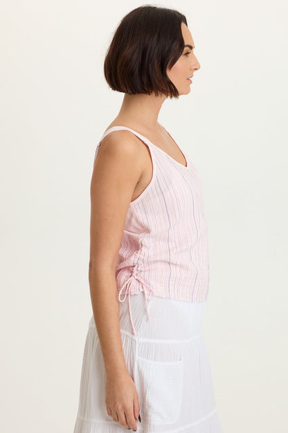 Grethel Indigo Stripe Gauze Cinchable Side Seam Strappy Tank Mystic Fairy - XCVI