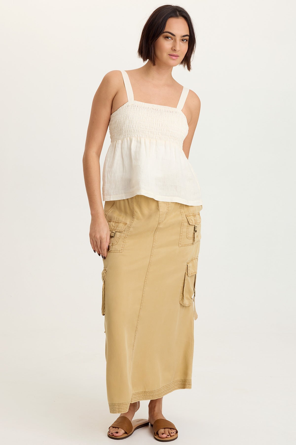 Katina 100% Linen Smocked Bust Babydoll Tank Toasted Almond - XCVI