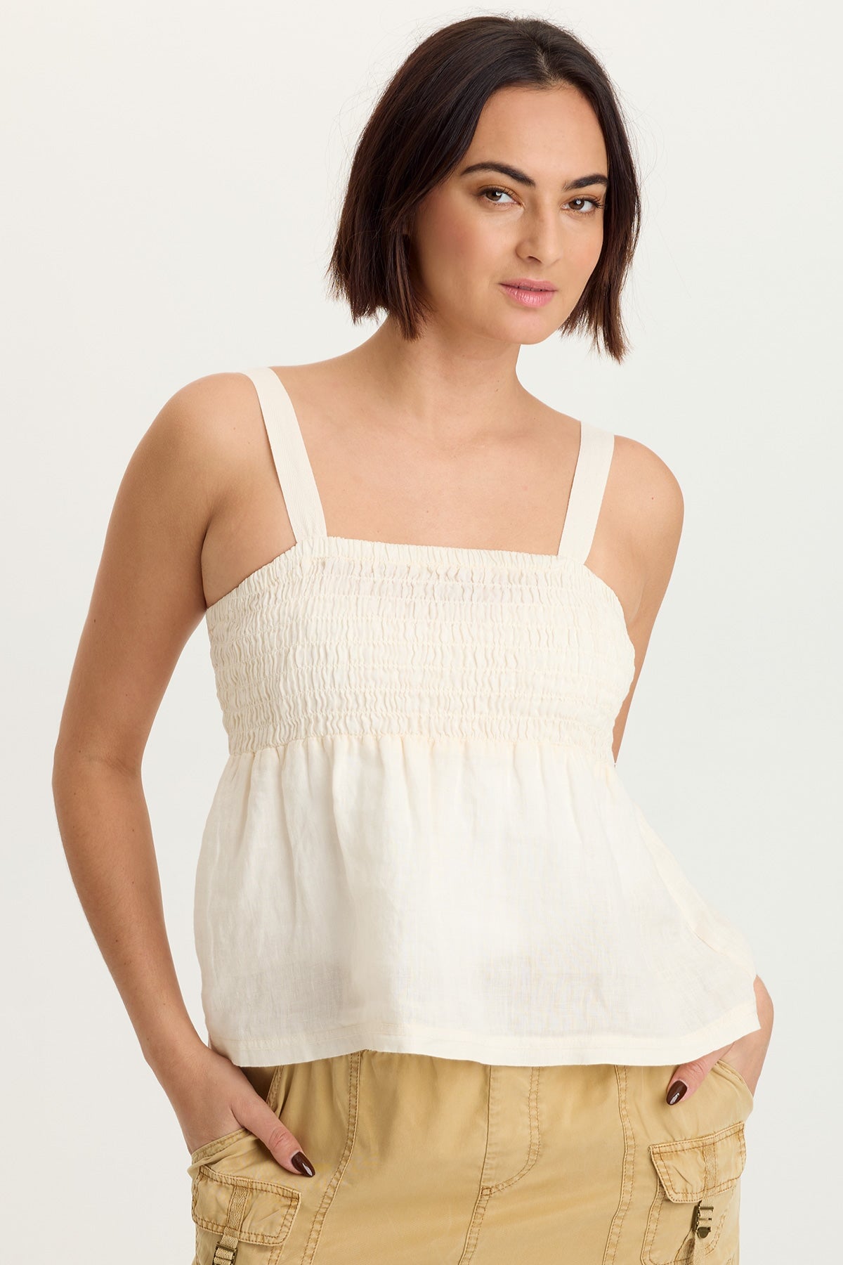 Katina 100% Linen Smocked Bust Babydoll Tank Toasted Almond - XCVI
