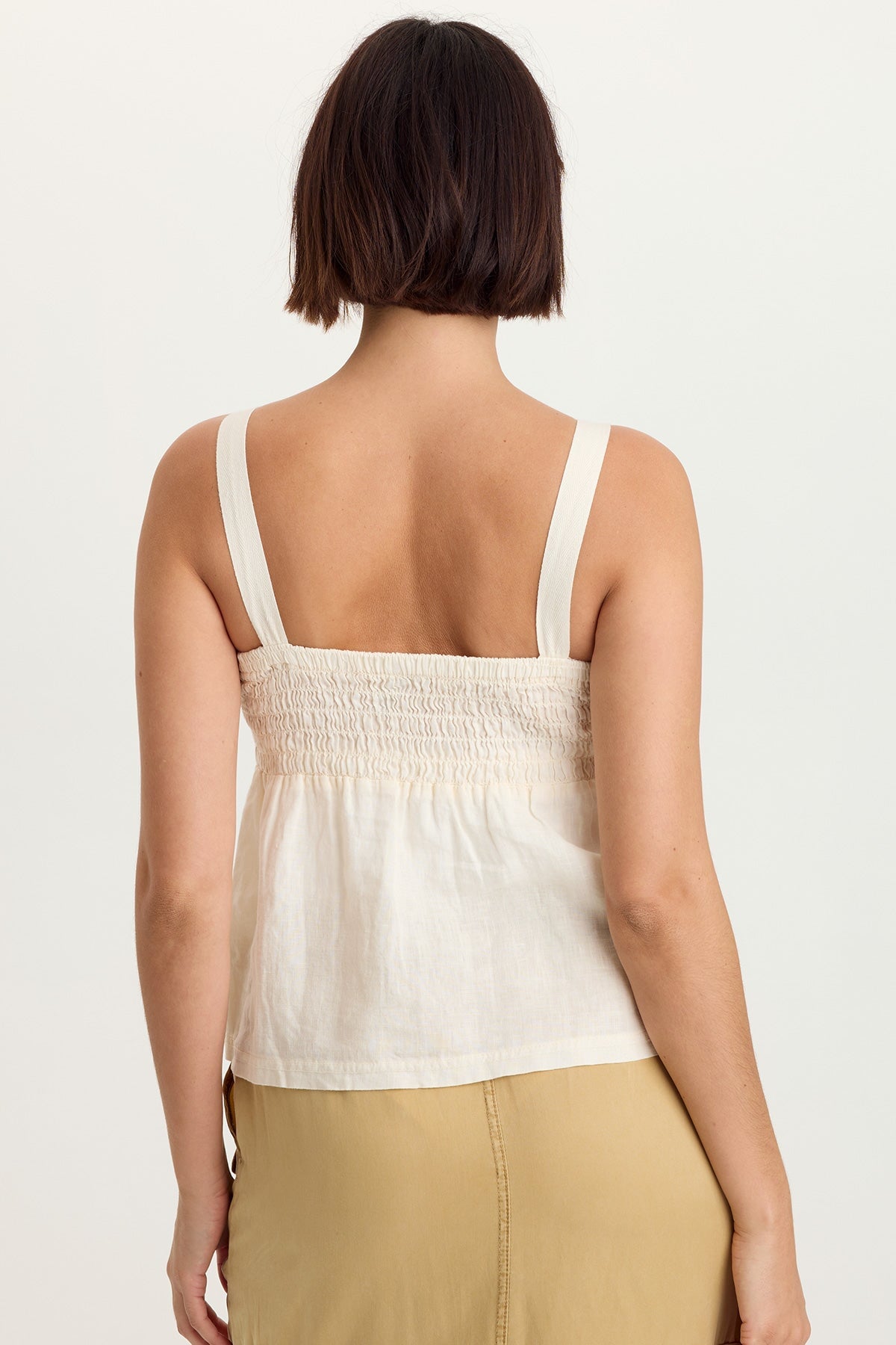 Katina 100% Linen Smocked Bust Babydoll Tank Toasted Almond - XCVI