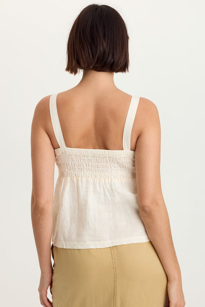 Katina 100% Linen Smocked Bust Babydoll Tank Toasted Almond - XCVI