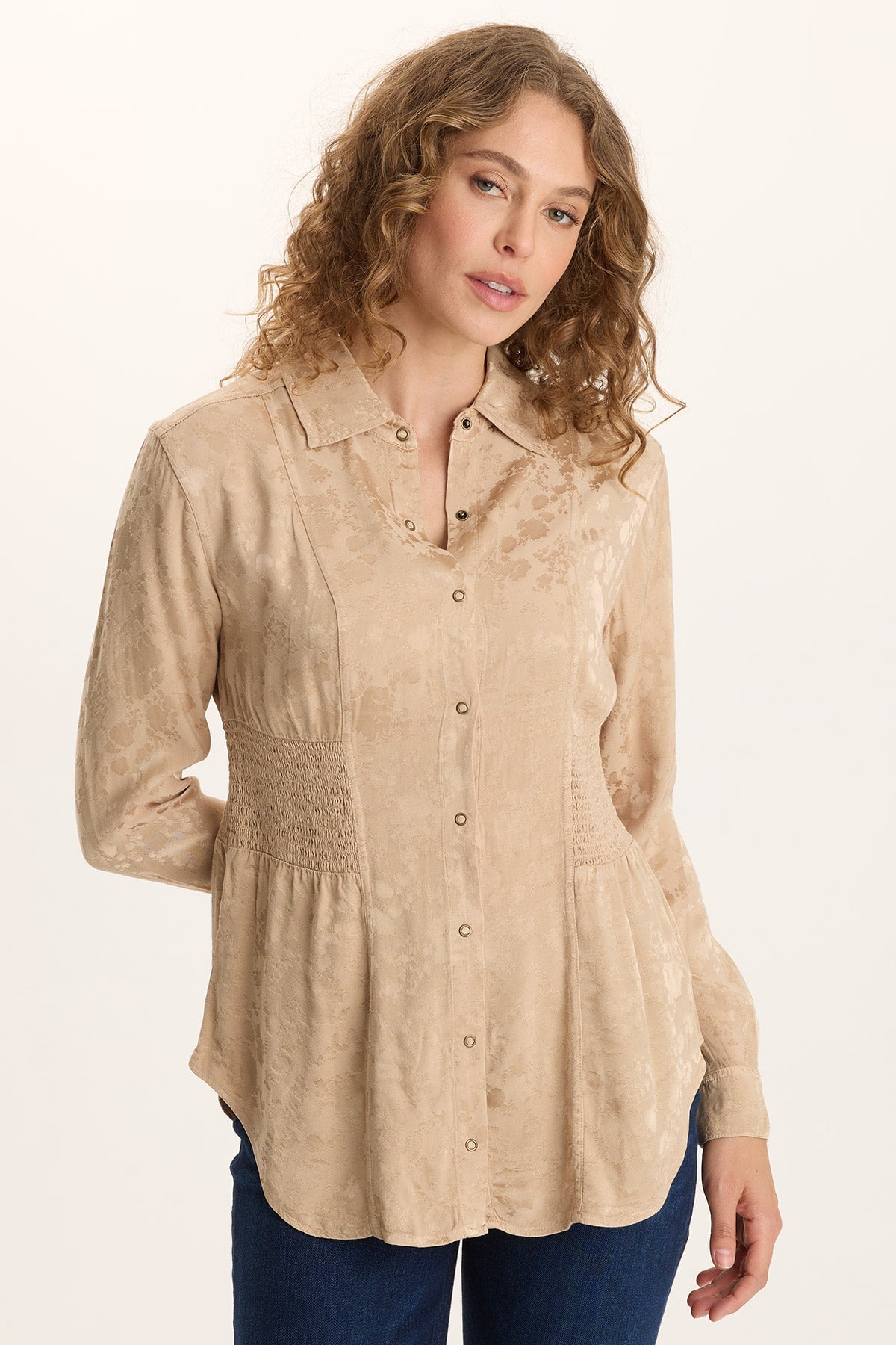 Senneca Textured Satin Shirred Waist Button-Up Blouse Park Avenue - XCVI
