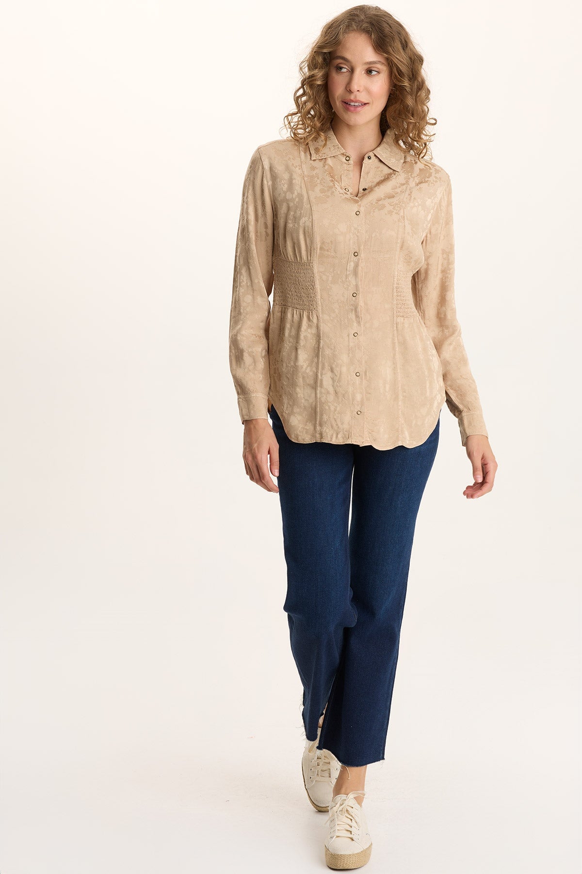 Senneca Textured Satin Shirred Waist Button-Up Blouse Park Avenue - XCVI