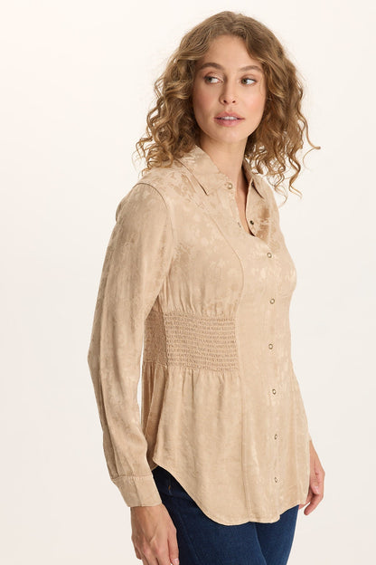 Senneca Textured Satin Shirred Waist Button-Up Blouse Park Avenue - XCVI