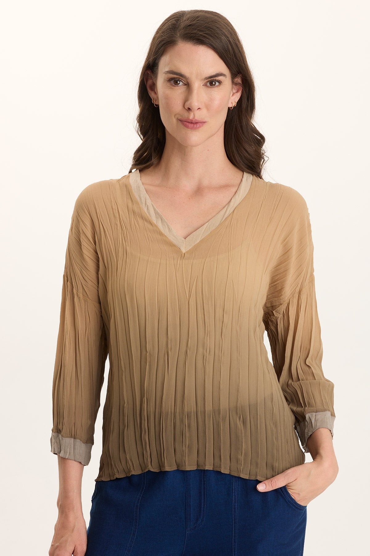 Hoyt V-Neck Micro-Pleat 3/4-Sleeve Crinkle Top Dip Dye Comfort - XCVI