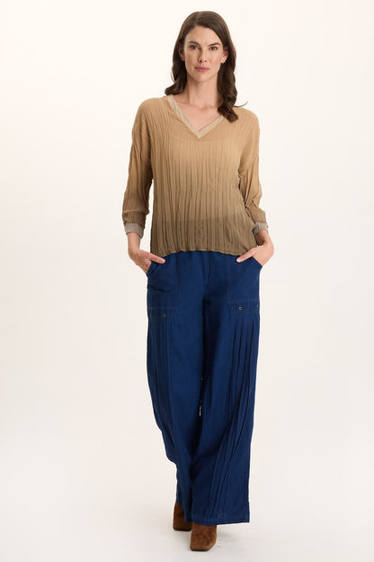 Hoyt V-Neck Micro-Pleat 3/4-Sleeve Crinkle Top Dip Dye Comfort - XCVI