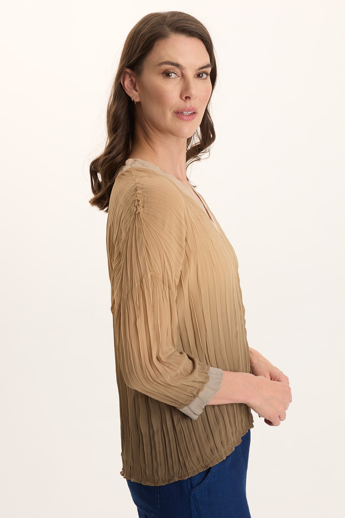 Hoyt V-Neck Micro-Pleat 3/4-Sleeve Crinkle Top Dip Dye Comfort - XCVI