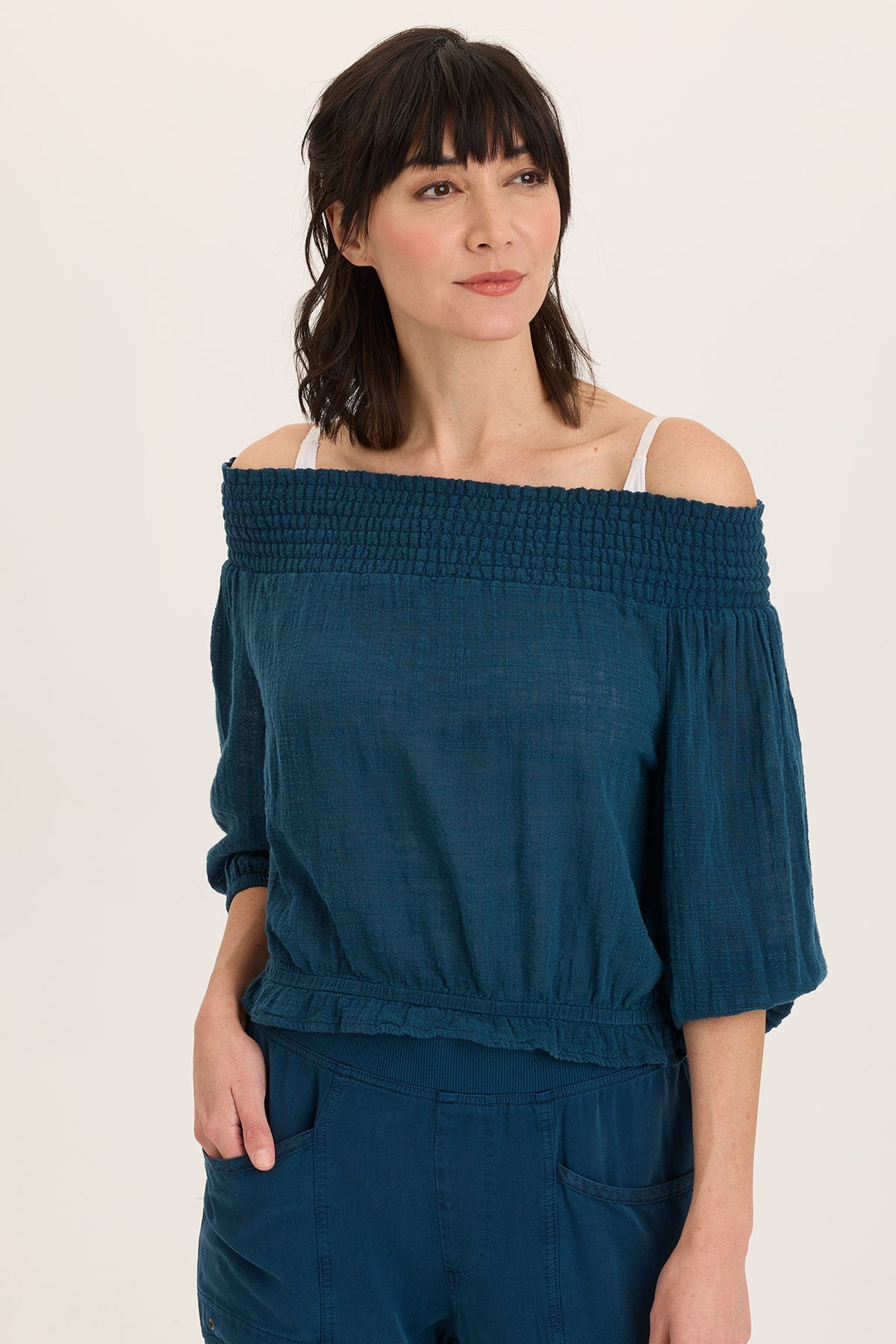 Wearables Jolia Gauze Off-Shoulder Banded Hem Peasant Top Abyss Pigment - XCVI