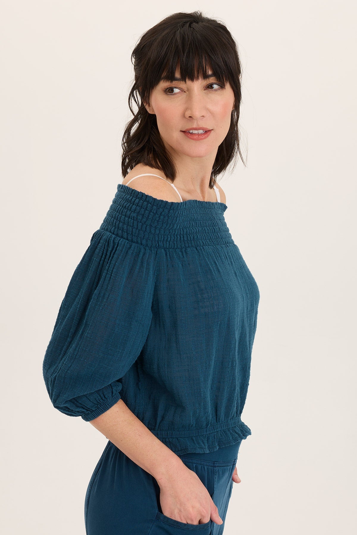Wearables Jolia Gauze Off-Shoulder Banded Hem Peasant Top Abyss Pigment - XCVI