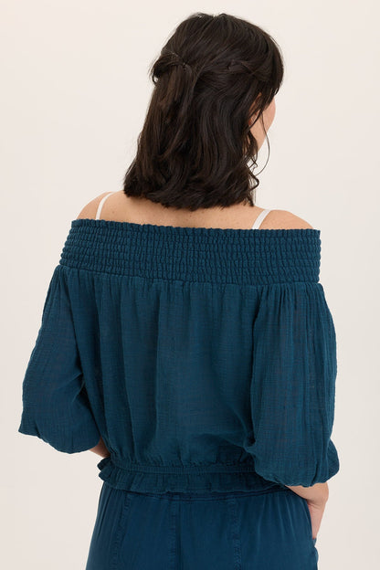 Wearables Jolia Gauze Off-Shoulder Banded Hem Peasant Top Abyss Pigment - XCVI