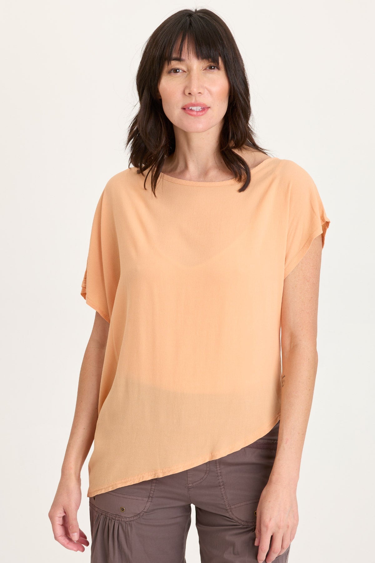 Helmi Asymmetrical Hem and Sleeve Crepe Top Apricot Kiss - XCVI