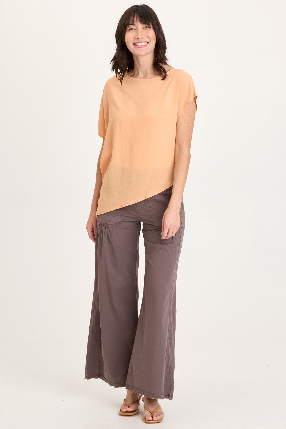 Helmi Asymmetrical Hem and Sleeve Crepe Top Apricot Kiss - XCVI