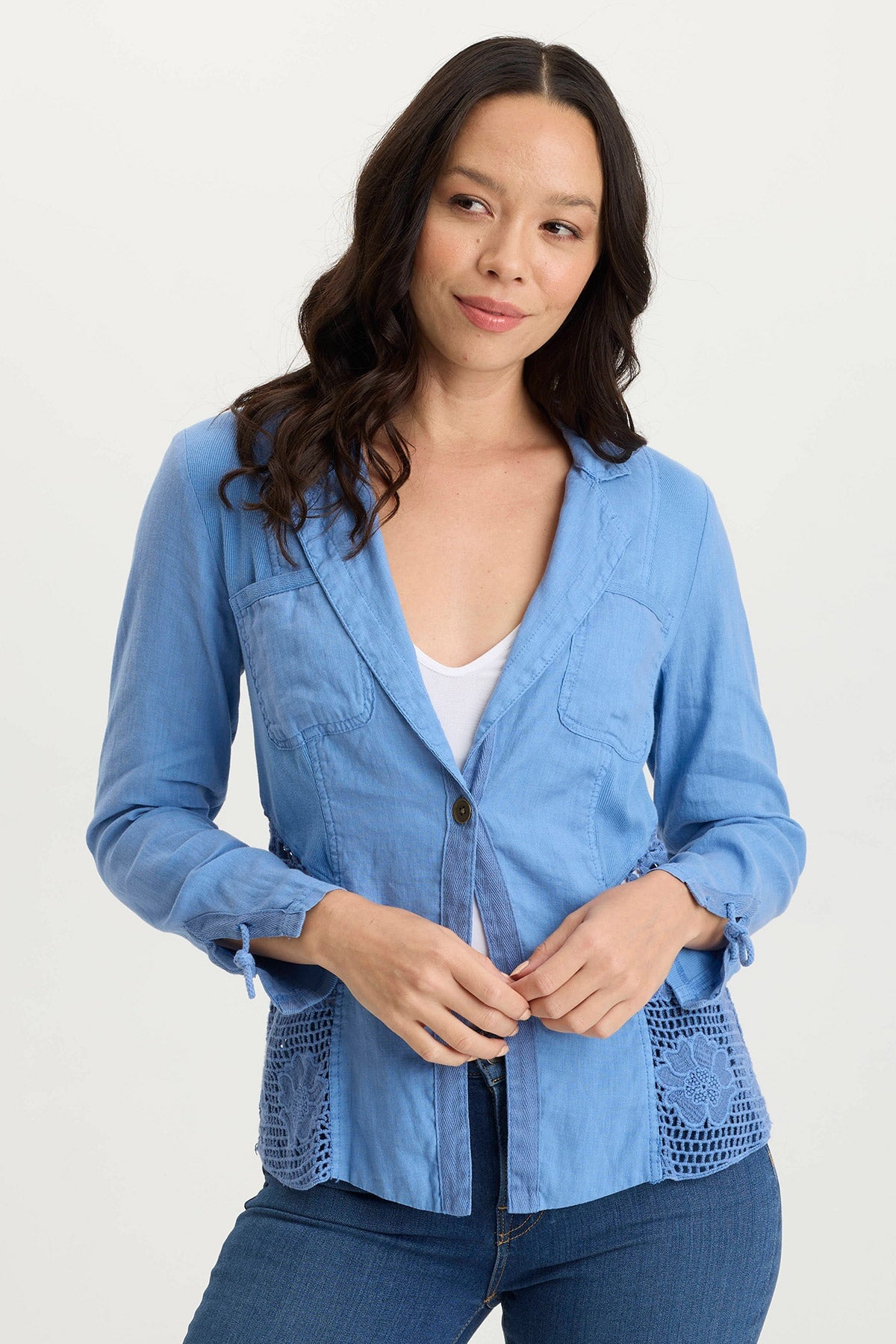 Trinket Floral Embroidered Crochet Light Jacket Shasta Lake - XCVI
