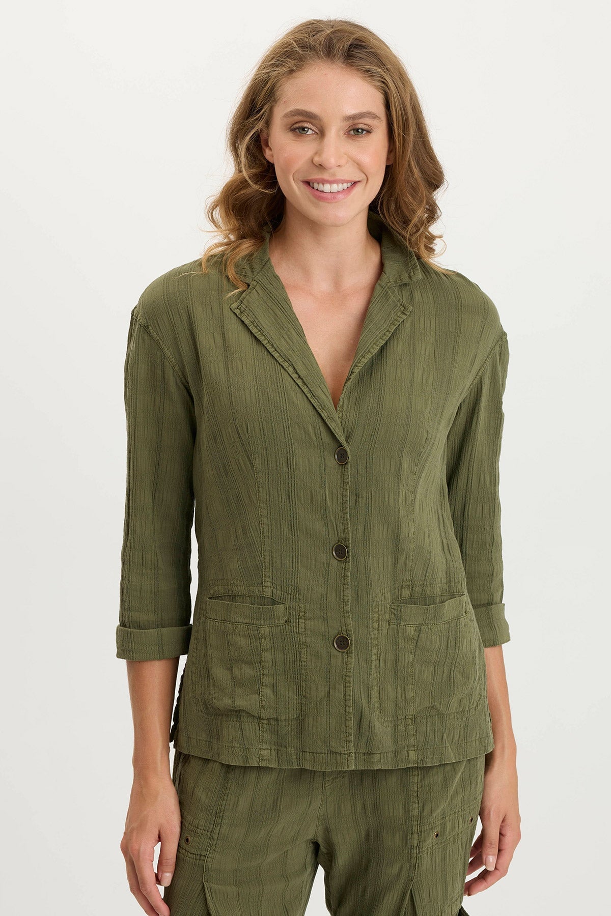 Hendrix Textured Gauze Chic Button-Up Light Jacket Cypress Pigment - XCVI