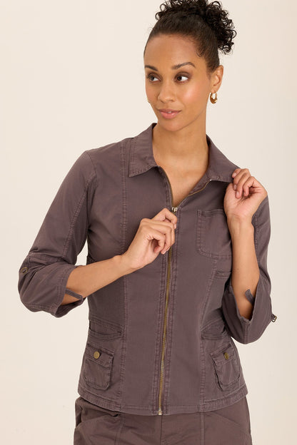 Wearables Wexel Poplin/Stretch Rib Fitted Cargo Jacket with brass hardware and tabbed 3/4 sleeves in Grey Charcoal - XCVI