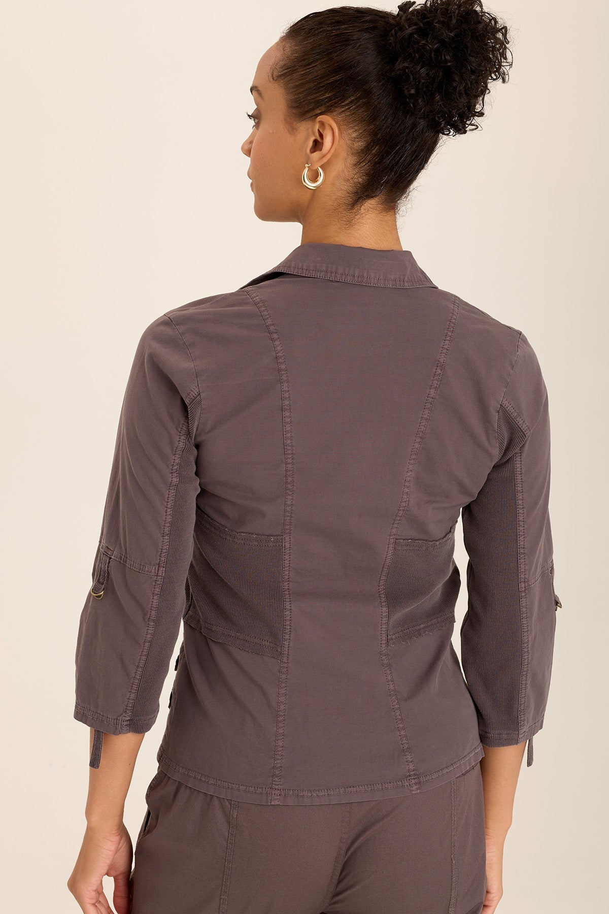 Wearables Wexel Poplin/Stretch Rib Fitted Cargo Jacket with brass hardware and tabbed 3/4 sleeves in Grey Charcoal - XCVI