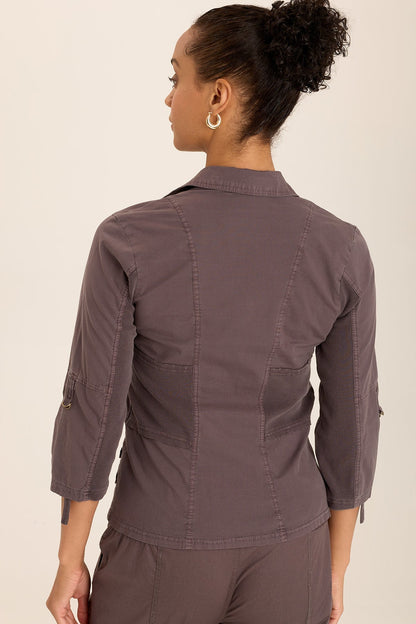 Wearables Wexel Poplin/Stretch Rib Fitted Cargo Jacket with brass hardware and tabbed 3/4 sleeves in Grey Charcoal - XCVI