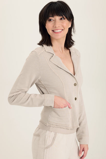 Wearables Damia Terry Three-Button Casual Blazer semi-crop fit with stretch and pockets in Grey Ripple Pigment - XCVI