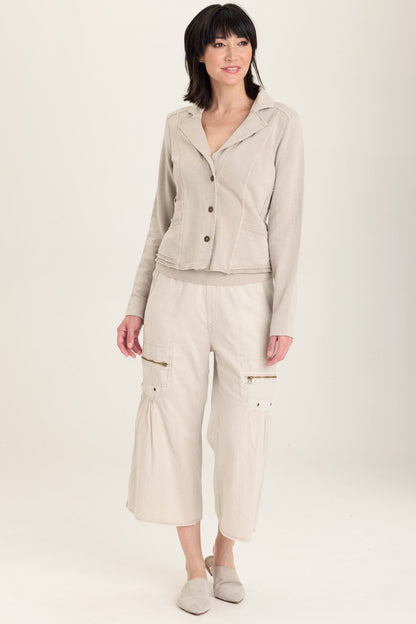 Wearables Damia Terry Three-Button Casual Blazer semi-crop fit with stretch and pockets in Grey Ripple Pigment - XCVI