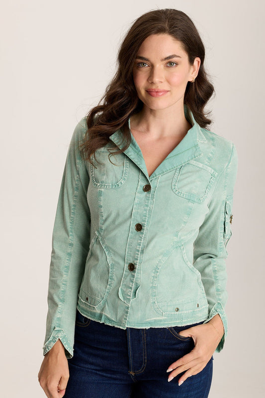 Munir Jacket – Lapel Collar with Knit Back & Utility Pockets Distress Wash Feldspar - XCVI