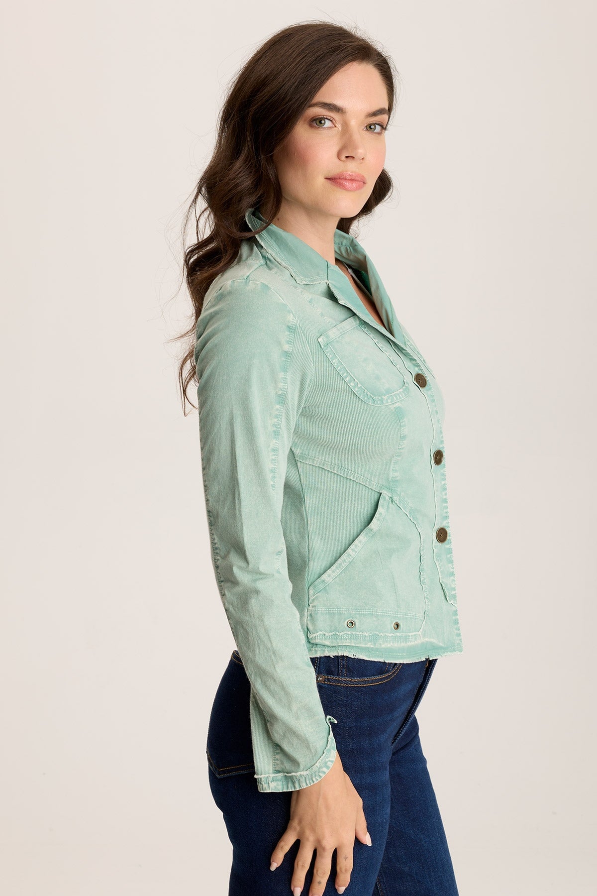 Munir Jacket – Lapel Collar with Knit Back & Utility Pockets Distress Wash Feldspar - XCVI