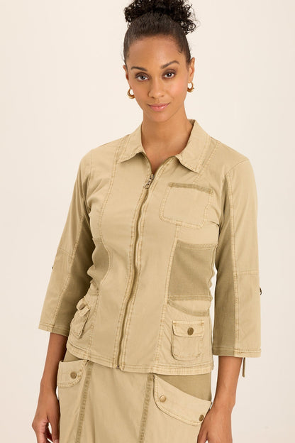 Wearables Wexel Poplin/Stretch Rib Fitted Cargo Jacket with brass hardware and tabbed 3/4 sleeves in Beige Linwood Sands Pigment - XCVI