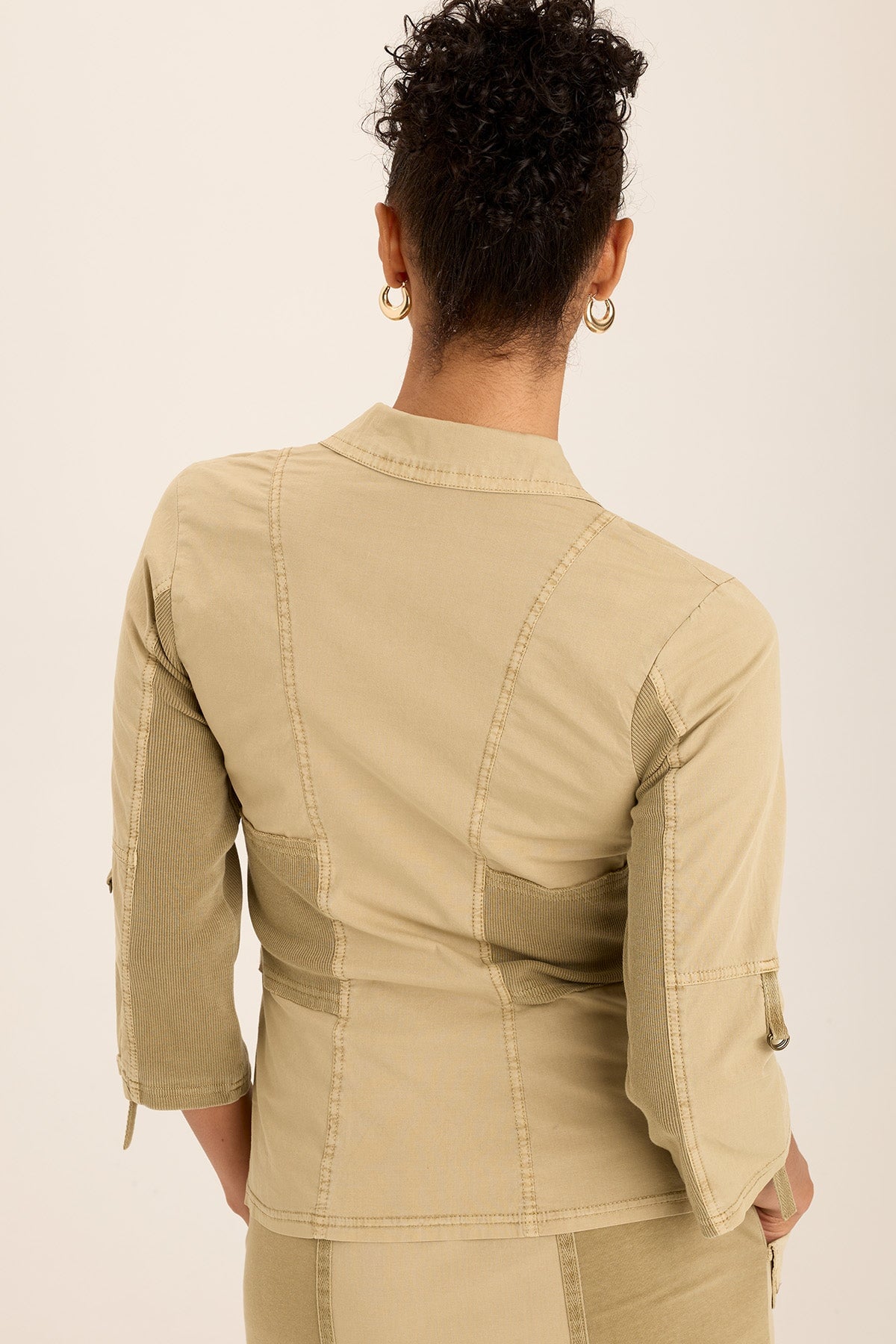 Wearables Wexel Poplin/Stretch Rib Fitted Cargo Jacket with brass hardware and tabbed 3/4 sleeves in Beige Linwood Sands Pigment - XCVI