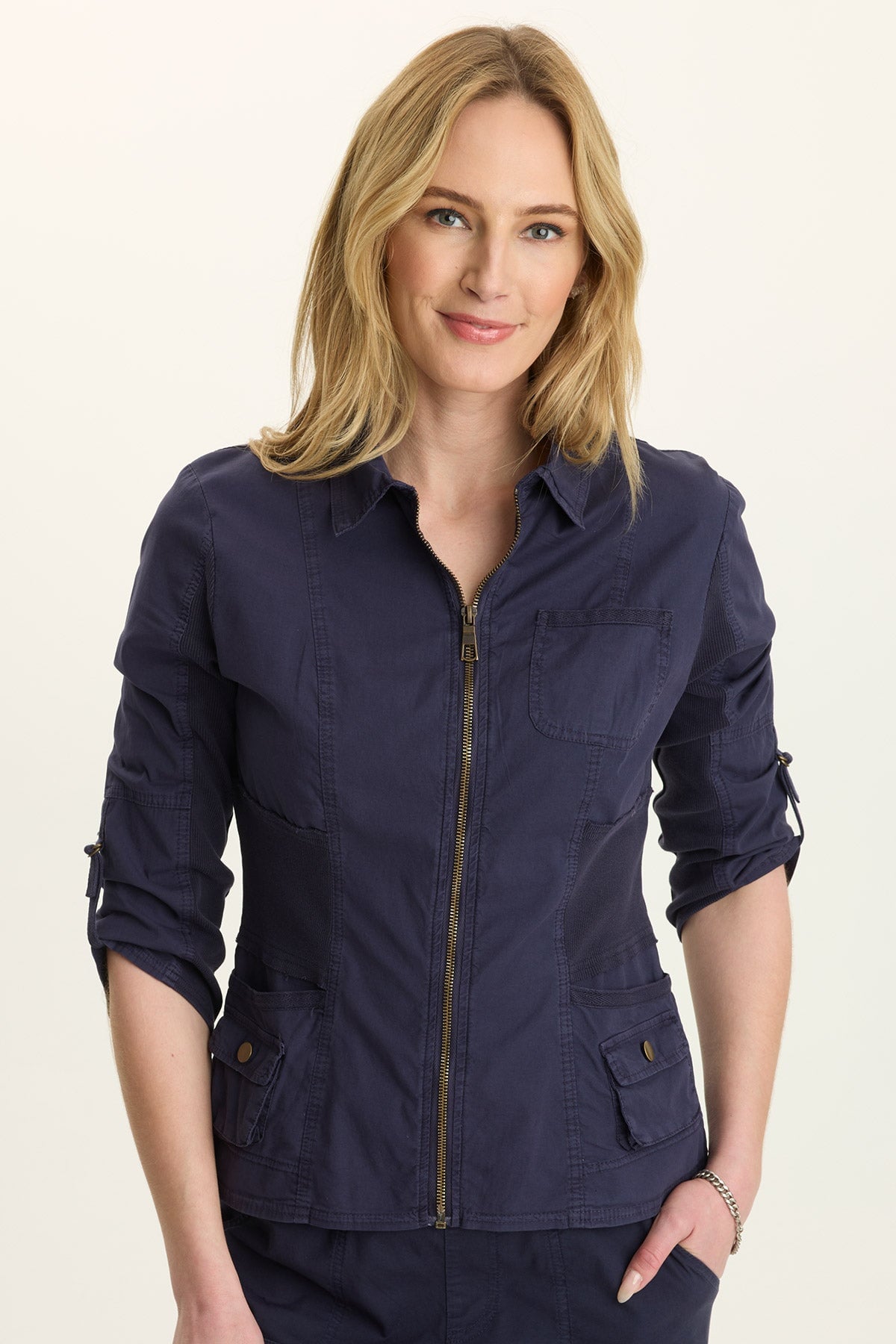 Wearables Wexel Poplin/Stretch Rib Fitted Cargo Jacket with brass hardware and tabbed 3/4 sleeves in Blue Navy - XCVI