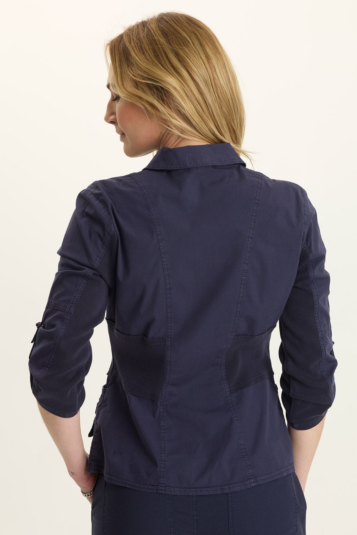 Wearables Wexel Poplin/Stretch Rib Fitted Cargo Jacket with brass hardware and tabbed 3/4 sleeves in Blue Navy - XCVI