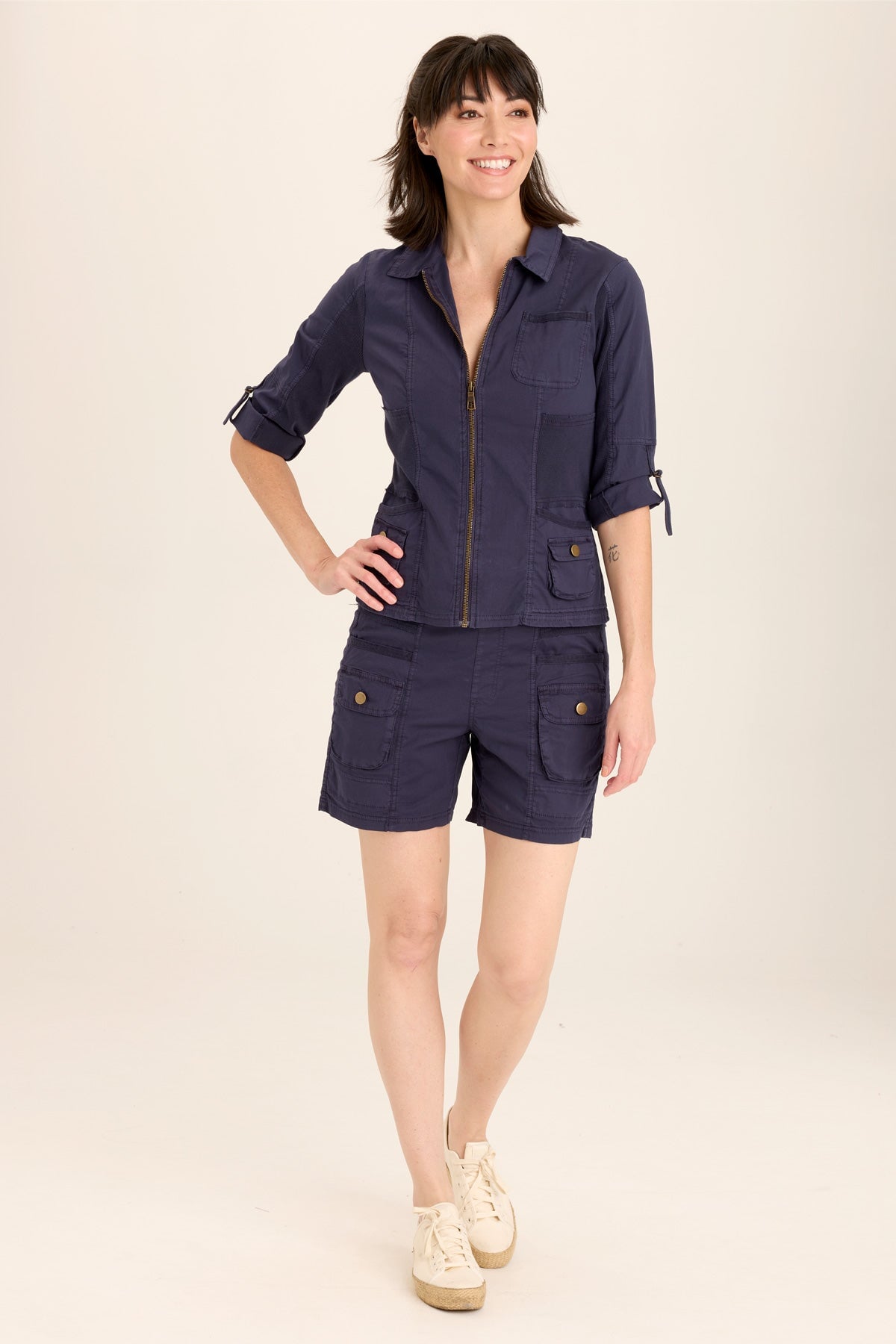 Wearables Wexel Poplin/Stretch Rib Fitted Cargo Jacket with brass hardware and tabbed 3/4 sleeves in Blue Navy - XCVI