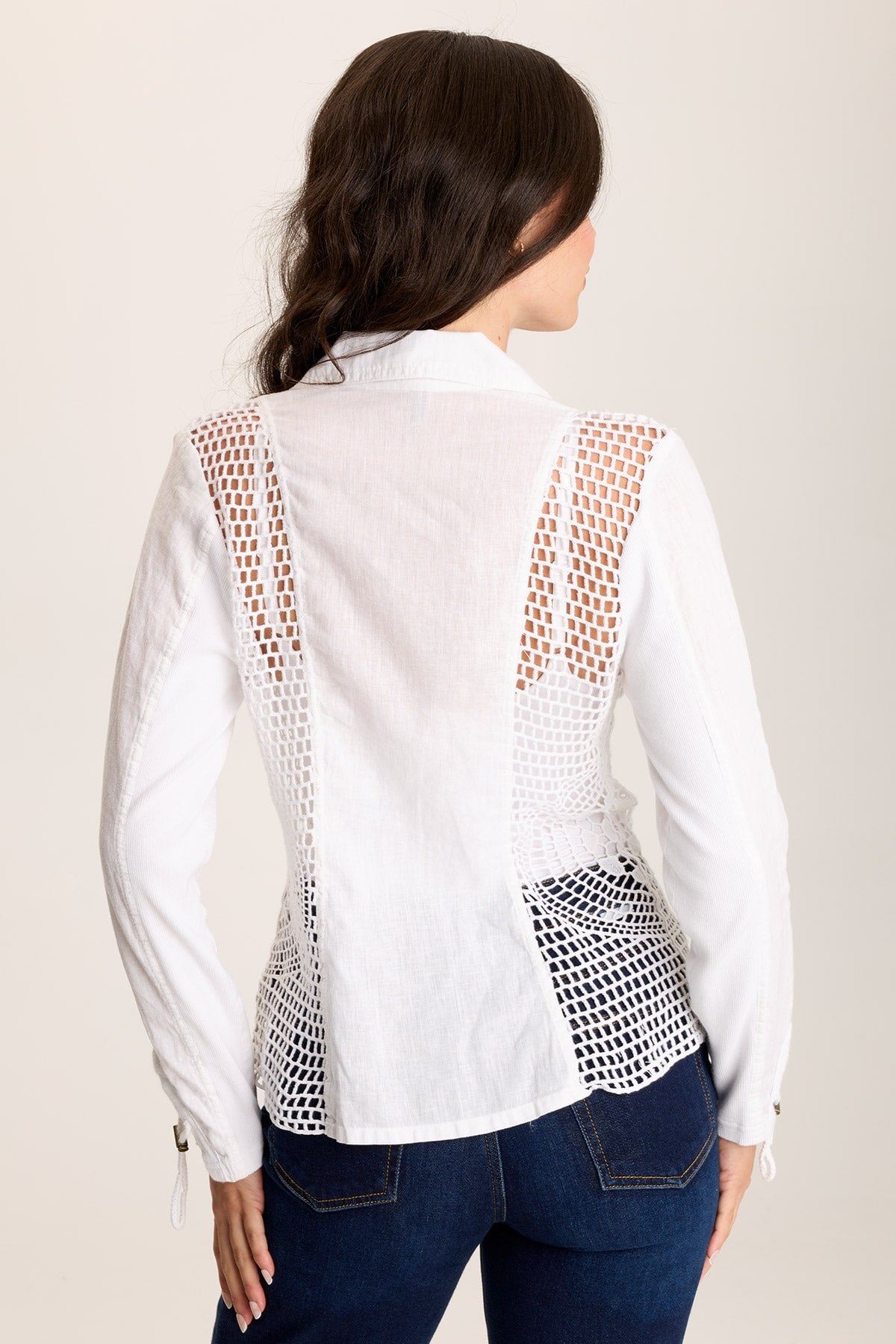 Contessa Blazer – Linen with Crochet Insets & Cinch Back White - XCVI