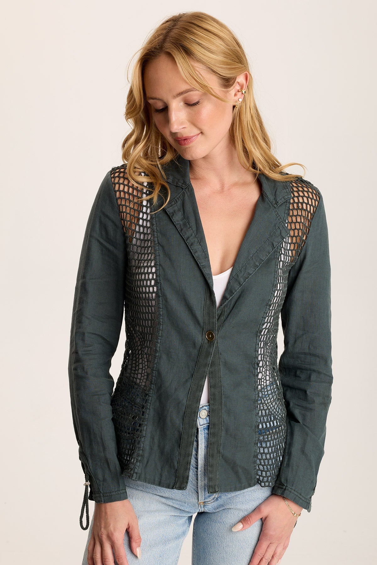 Contessa Blazer – Linen with Crochet Insets & Cinch Back Silken Pine Pigment - XCVI