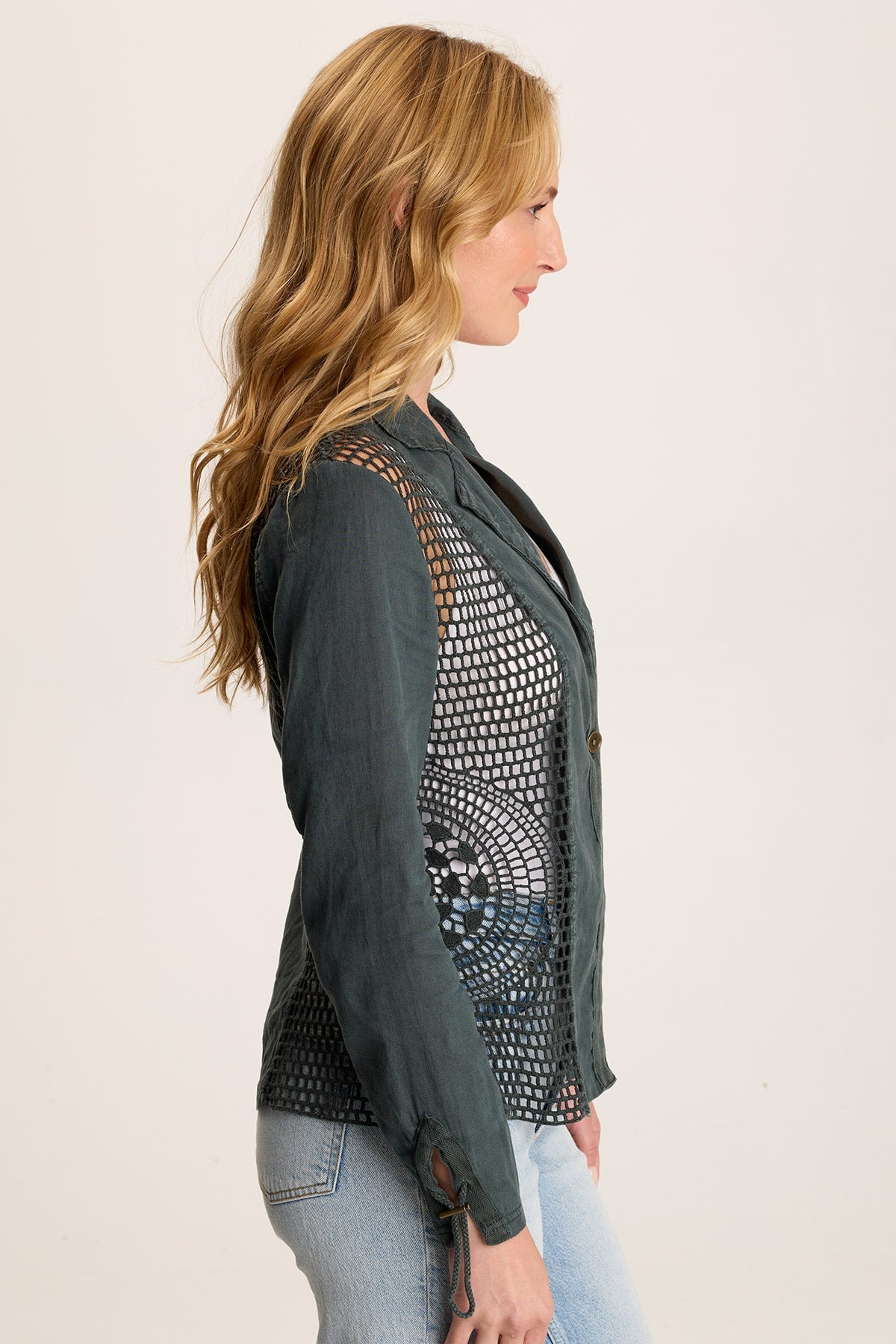Contessa Blazer – Linen with Crochet Insets & Cinch Back Silken Pine Pigment - XCVI