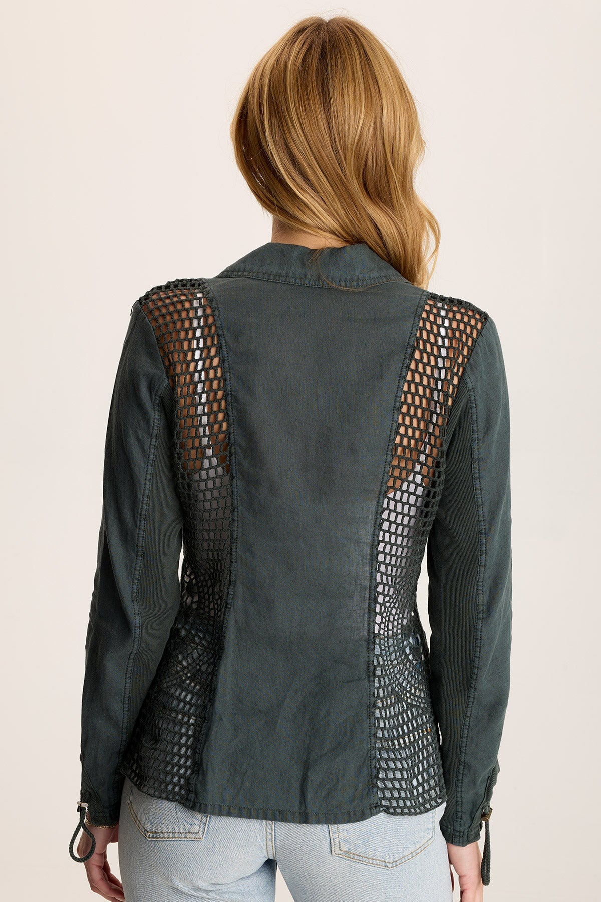 Contessa Blazer – Linen with Crochet Insets & Cinch Back Silken Pine Pigment - XCVI