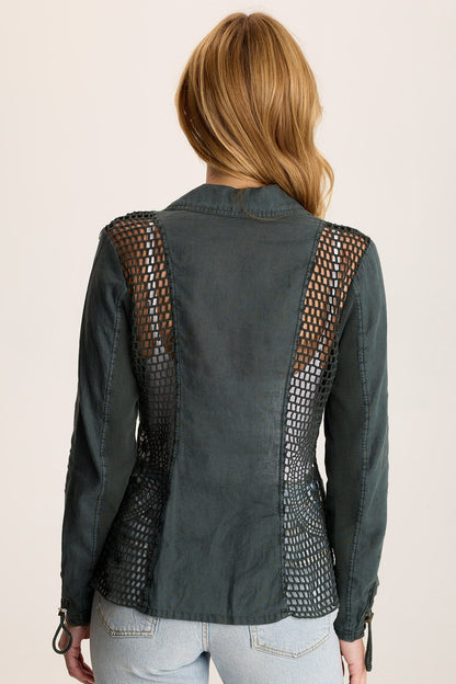Contessa Blazer – Linen with Crochet Insets & Cinch Back Silken Pine Pigment - XCVI
