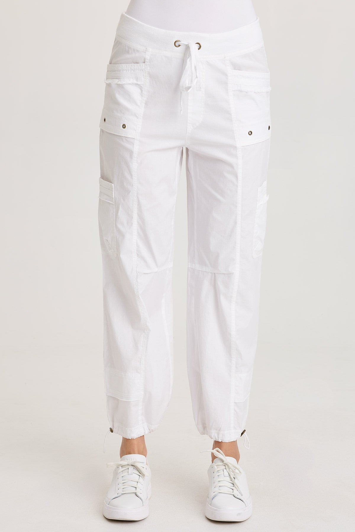Jannik Poplin Cinch Leg Flat Cargo Pockets Pant White - XCVI