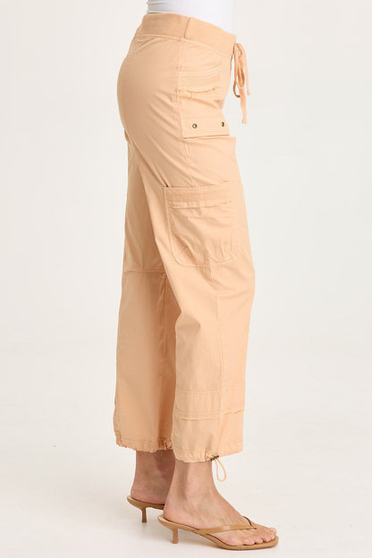 Jannik Poplin Cinch Leg Flat Cargo Pockets Pant Apricot Kiss - XCVI