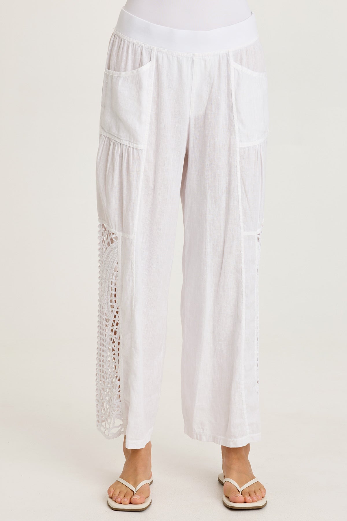 Astro Linen Pant with Crochet Side Detail White - XCVI