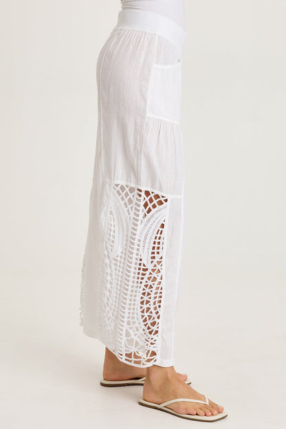 Astro Linen Pant with Crochet Side Detail White - XCVI