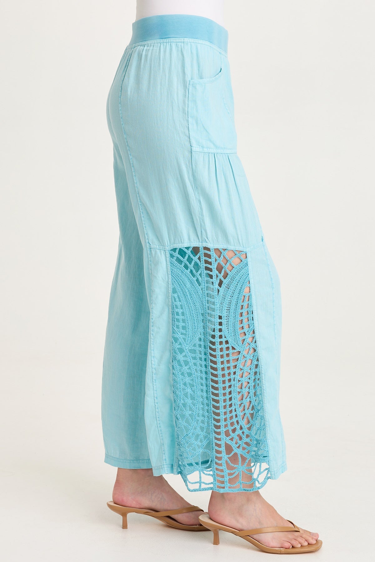 Astro Linen Pant with Crochet Side Detail Mermaid Tail Pigment - XCVI