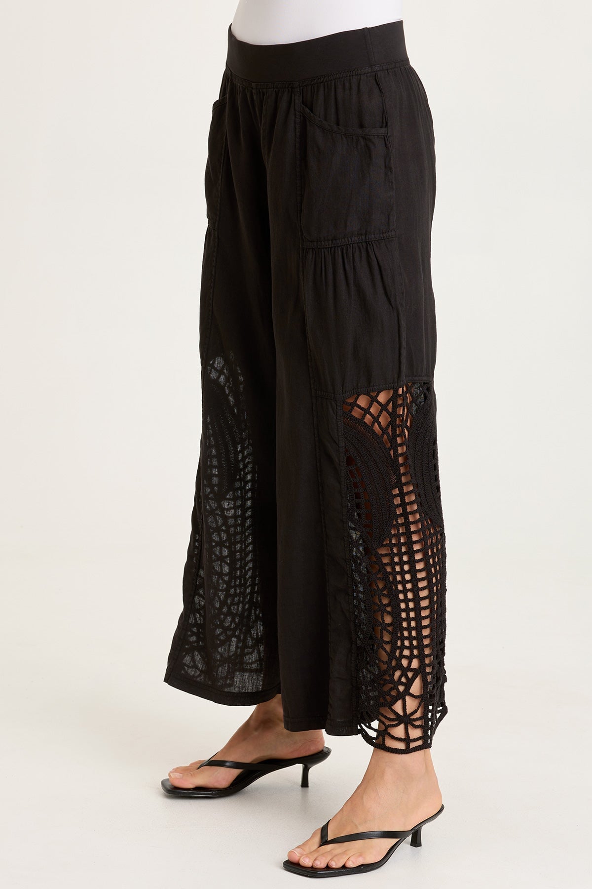 Astro Linen Pant with Crochet Side Detail Black - XCVI
