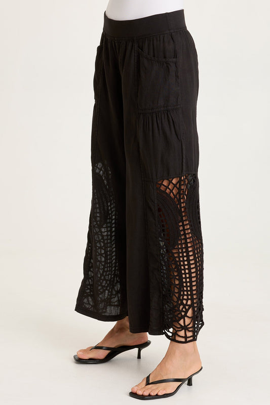 Astro Linen Pant with Crochet Side Detail Black - XCVI