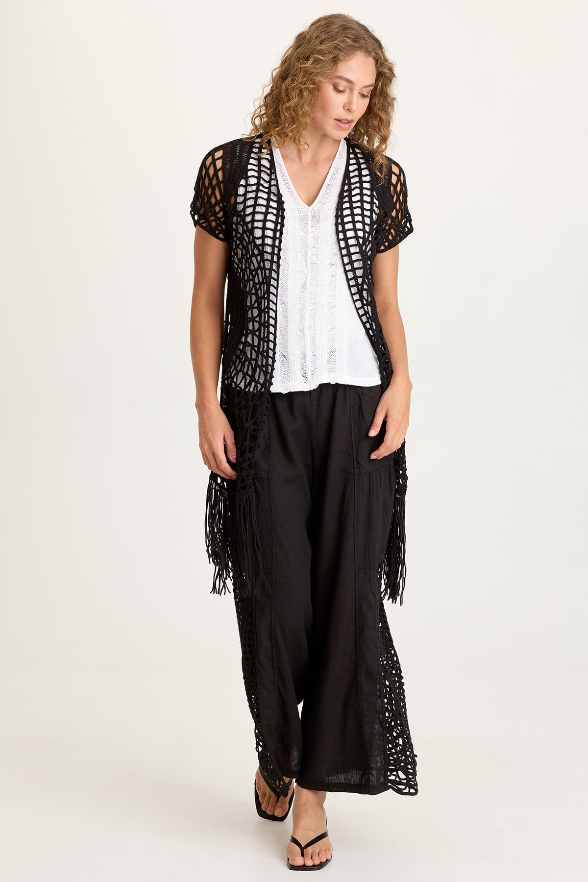 Astro Linen Pant with Crochet Side Detail Black - XCVI