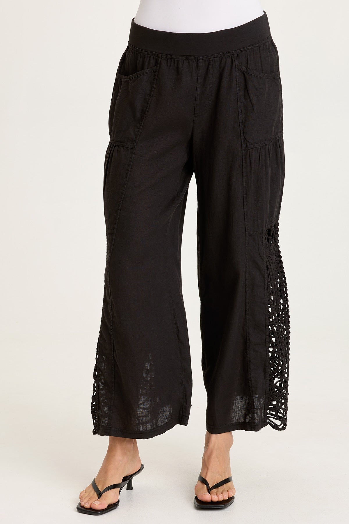 Astro Linen Pant with Crochet Side Detail Black - XCVI