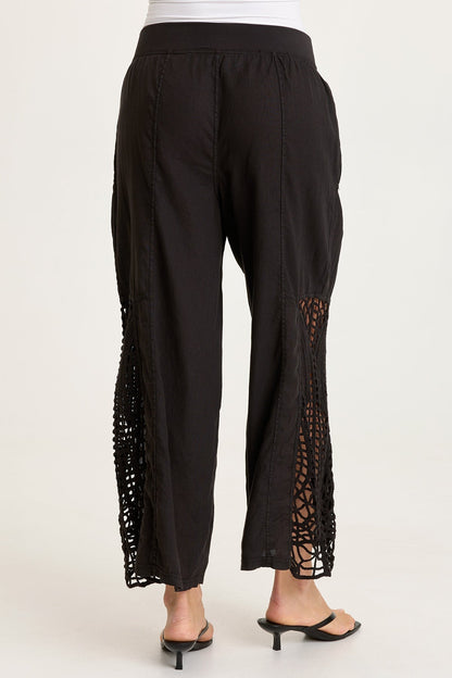 Astro Linen Pant with Crochet Side Detail Black - XCVI